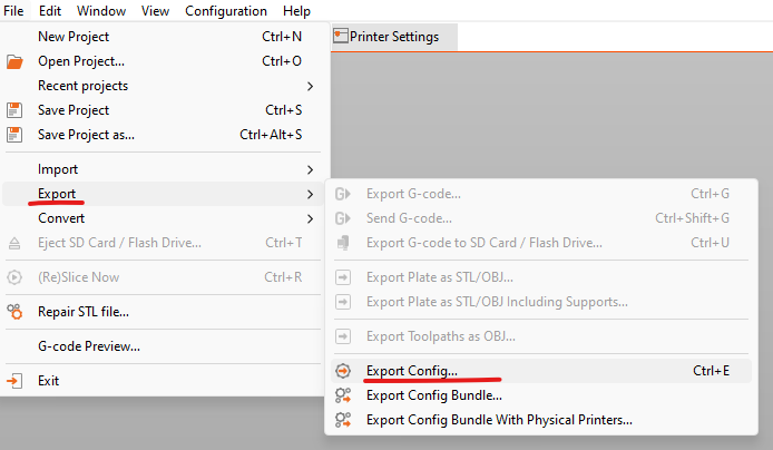 Export Config from Prusa Slicer